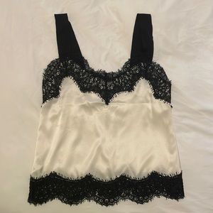 Pinko White Silk Cami with Black Lace Trims & Ribbon Straps
